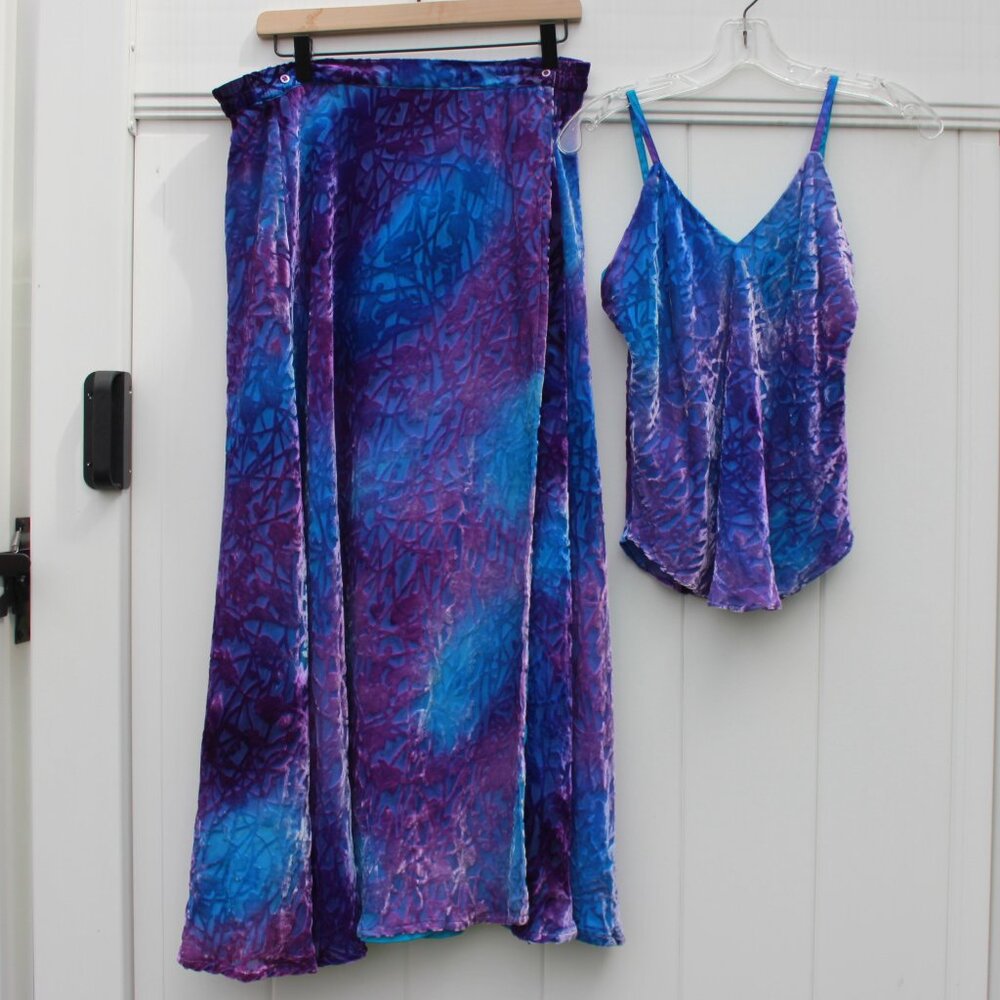 Vintage Handpainted Boho Silk Velvet Burnout Set – XL – Maxi Skirt + Cami